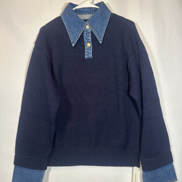 NWT Commense 2 in 1 Denim Collar Knit Sweater Navy Medium - Picture 5 of 5